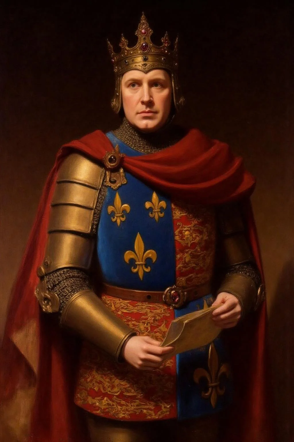 frankowensalisbury1 painting.
Richard Burton, an actor, is dressed in elaborate medieval armor that is predominantly gold with blue and red sections and fleur-de-lis symbols. He is wearing a red cloak and a crown with jewels and holding a piece of parchment. The background is dark. <lora:frankowensalisbury1_cap_d8a4:1.0><lora:863250551595350455:0>