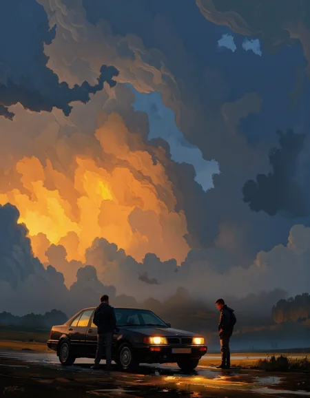 By Artem Chebokha. A dramatic digital illustration shoot from the side about a dramatic sunset scene with two silhouettes of two people standing beside a car on a wet road. the scene is set against a backdrop of large, dramatic clouds in shades of blue, orange, and yellow, illuminated by the warm light of the setting sun. on the left side of the image, a car is parked on the wet road, its headlights on, casting a warm glow on the surrounding landscape. the car is positioned in the middle of the scene, with the two figures standing on either side of it, facing away from the viewer. the sky is filled with dark, ominous clouds, creating a dramatic contrast with the vibrant colors of the sunset. the overall mood is dramatic and moody, with a sense of solitude and isolation. the image also features a signature in the bottom left corner, adding a personal touch to the overall scene.