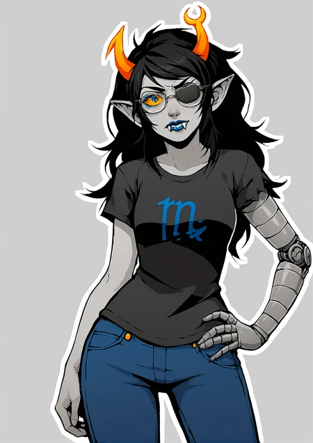 score_9, score_8_up, score_7_up, score_6_up, score_5_up, score_4_up, 2d, anime, anime artstyle, simple shadows, flat coloring, flat shadows, thick lines, white outline, expressive, high definition face, high definition eyes, yellow sclera, grey skin, wide hips, curvy, <lora:Vriska_Serket_Homestuck_-_Variant_outfits_-_SDXL_Pony:0.95>, vriskaserket, vriskastart, 1girl, solo, long hair, blue eyes, shirt, black hair, one eye closed, horns, glasses, teeth, pointy ears, pants, hand on hip, makeup, colored skin, fangs, transparent background, denim, sharp teeth, lipstick, t-shirt, colored sclera, jeans, mechanical arms, grey skin, cyborg, single mechanical arm, blue lips, shirt print BREAK source_anime