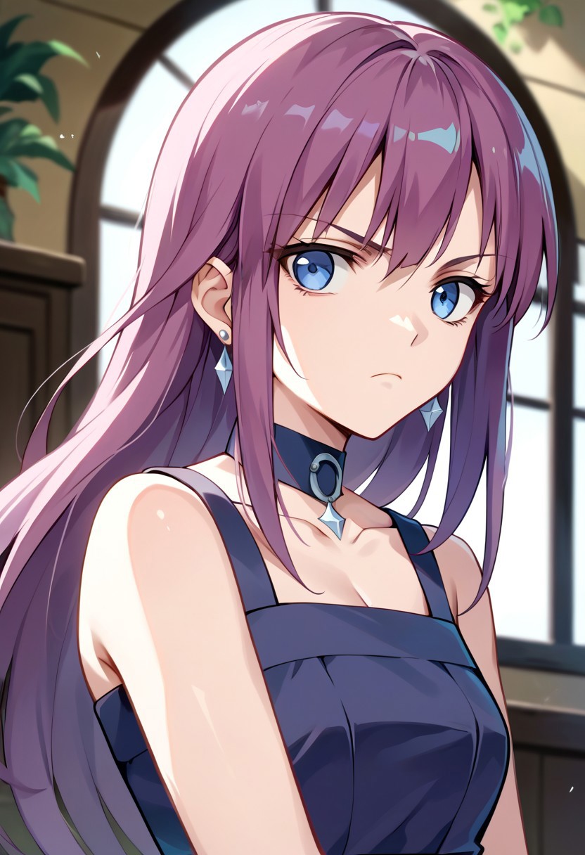 score_9, score_8_up, score_7_up, source_anime, JENNY (BAKUGAN), 1girl, solo, long hair, looking at viewer, bangs, blue eyes, bare shoulders, jewelry, closed mouth, collarbone, upper body, purple hair, earrings, choker, collar, frown, expressionless, gem, serious