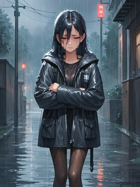 score_9, score_8_up, score_7_up, heavy rain, 1girl, depressive, coat, pantyhose, wet hair, crying,