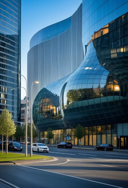 <lora:YourBlobitecture_XL:1> , ((blobitecture)), ((masterpiece)), ((best quality)), scenery, outdoors, sky, building, day, tree, city, real world location, road, motor vehicle, lamppost, window, reflection, curvy, curtain wall, glass,, photography, capturing moments, storytelling, creative composition