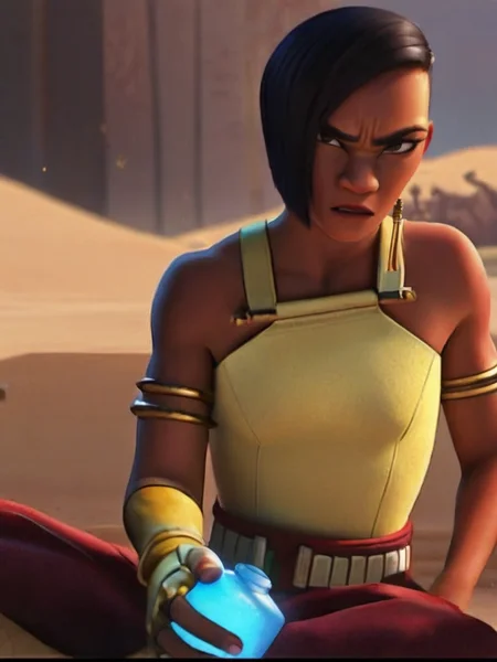 namaari, A character with short black hair and a determined expression, holding a glowing blue jar, set in a desert environment, 1girl, solo, breasts, looking at viewer, short hair, brown hair, black hair, gloves, holding, jewelry, lying, parted lips, belt, fingerless gloves, bracelet, lips, sleeveless, tank top, colored skin, realistic, yellow gloves, yellow tank top,   
<lora:princess_rc_il:0.9>