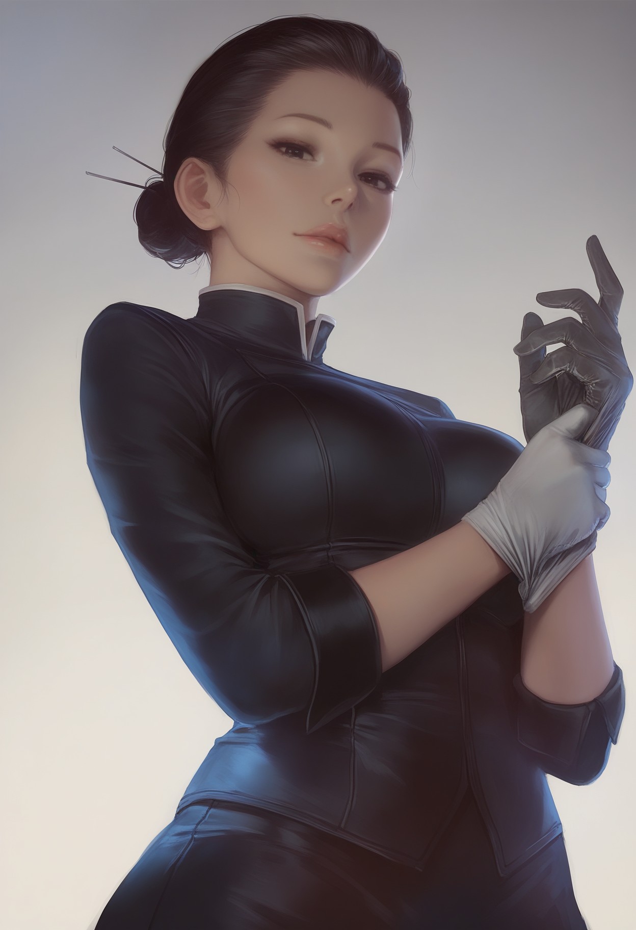 masterpiece, best quality, realistic, pov, from below, 1girl, solo, looking at viewer, large breasts, hair slicked back, single hair bun, adjusting gloves<lora:1equals2_v1_5_noob:1.0>
