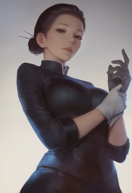 masterpiece, best quality, realistic, pov, from below, 1girl, solo, looking at viewer, large breasts, hair slicked back, single hair bun, adjusting gloves<lora:1equals2_v1_5_noob:1.0>
