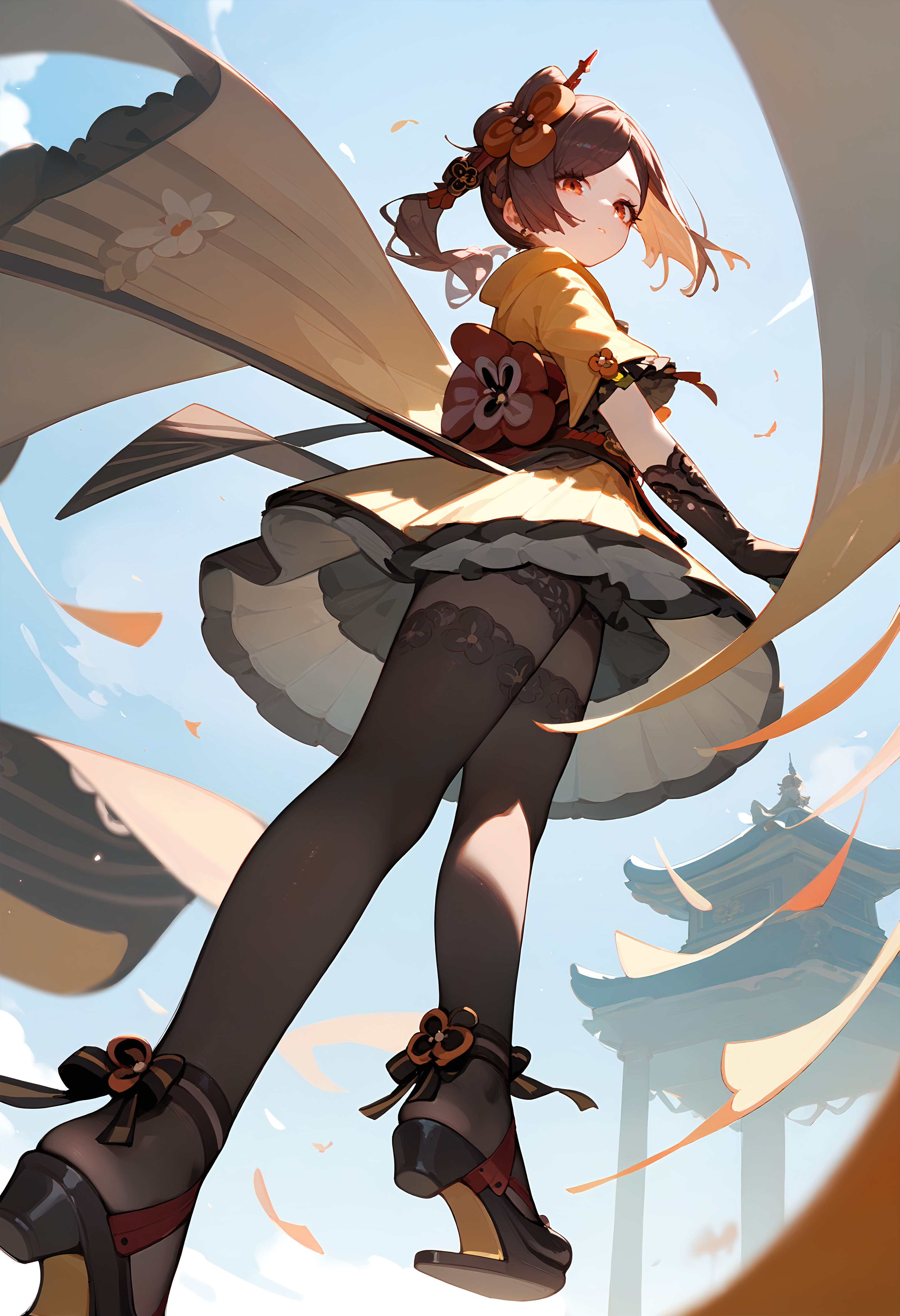 (score_9, score_8_up, score_7_up), 1girl, chiori, forearm gloves, lace pantyhose, heel-less heels, standing, from below, foreshortening, <lora:chiori-giPO-v1a-000007:0.8>