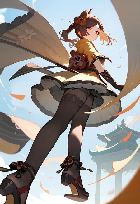 (score_9, score_8_up, score_7_up), 1girl, chiori, forearm gloves, lace pantyhose, heel-less heels, standing, from below, foreshortening, <lora:chiori-giPO-v1a-000007:0.8>