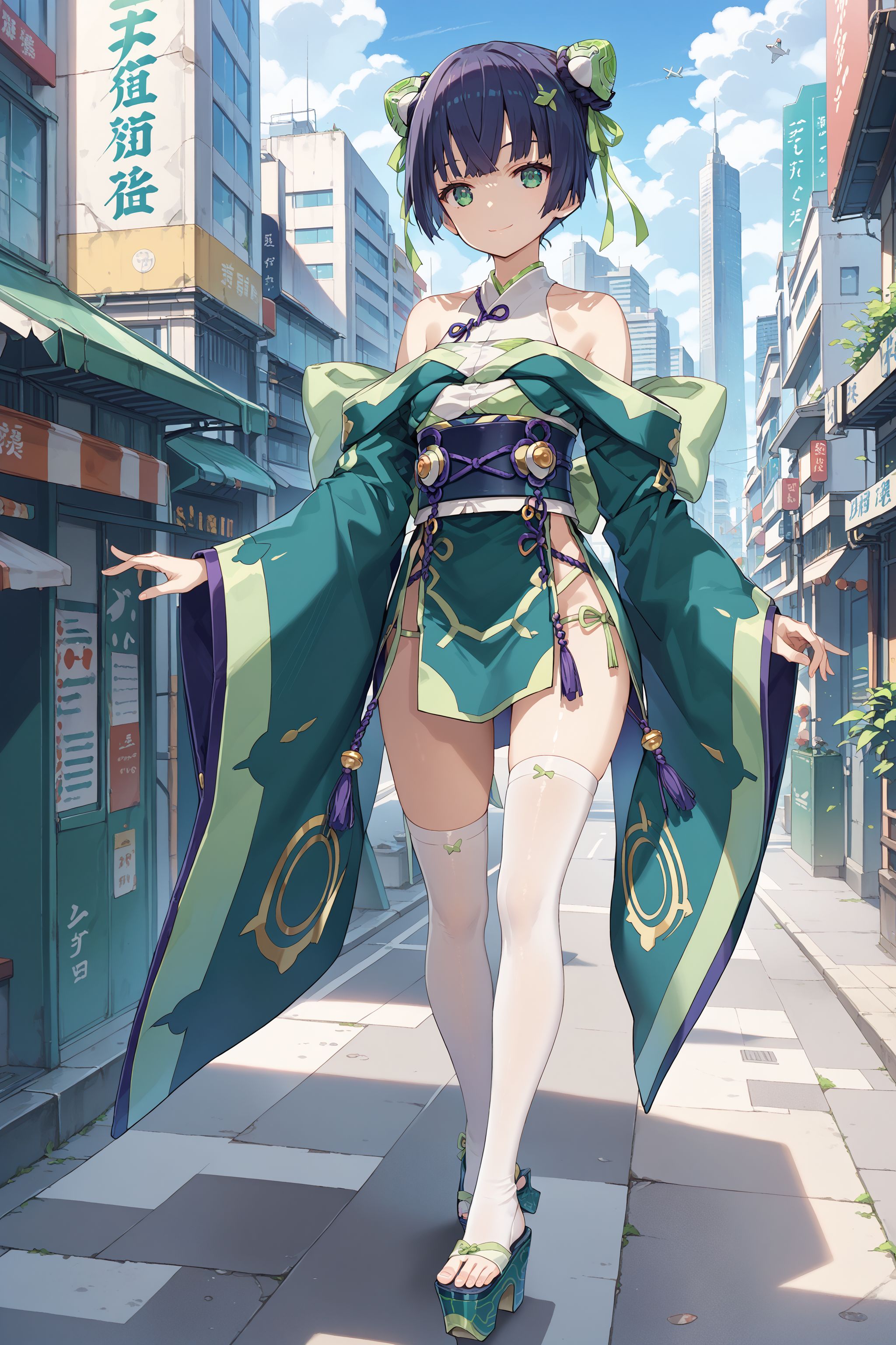 score_max, (score_9, score_8_up, score_7_up:1.2), score_6_up, official art,
masterpiece, absurdres, high detail, 8k,
outdoors, city, street, skyscraper, blue sky, aircraft,
standing, light smile,
ddphikari, hair ornament, double bun, bun cover, green ribbon, japanese clothes, green kimono, bare shoulders, long sleeves, wide sleeves, sleeves past wrists, obi, tassel, white thighhighs, platform footwear
<lora:XL_Pony_gomaotsu-hikari-t1:1.0>