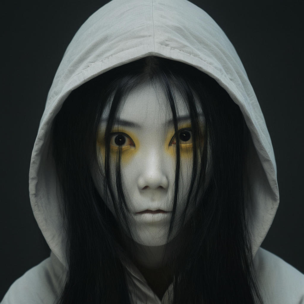 cinematic film still of  <lora:Kayako Saeki Sadako Yamamura:1>
Kayako Saeki a woman with a pale face and black hair staring at camera,solo,long hair,looking at viewer,simple background,1boy,closed mouth,yellow eyes,grey hair,male focus,hood,black background,portrait,hood up , pale skin, supernatural, horror film, Japanese, extreme rage, sorrow, cinematic, film, movie, movie still, Ju-On The Grudge movie style, shallow depth of field, vignette, highly detailed, high budget, bokeh, cinemascope, moody, epic, gorgeous, film grain, grainy