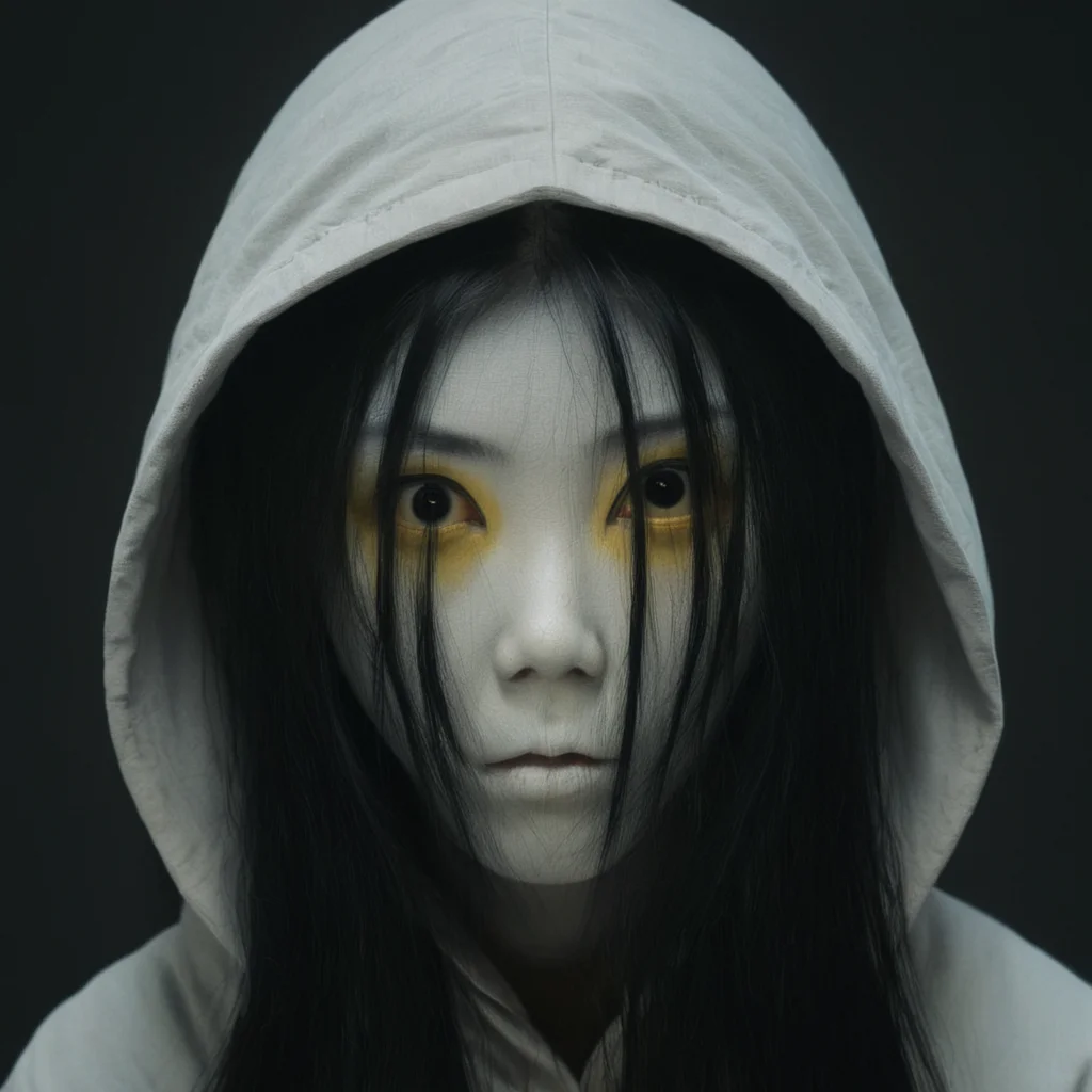 cinematic film still of <lora:Kayako Saeki Sadako Yamamura:1>
Kayako Saeki a woman with a pale face and black hair staring at camera,solo,long hair,looking at viewer,simple background,1boy,closed mouth,yellow eyes,grey hair,male focus,hood,black background,portrait,hood up , pale skin, supernatural, horror film, Japanese, extreme rage, sorrow, cinematic, film, movie, movie still, Ju-On The Grudge movie style, shallow depth of field, vignette, highly detailed, high budget, bokeh, cinemascope, moody, epic, gorgeous, film grain, grainy