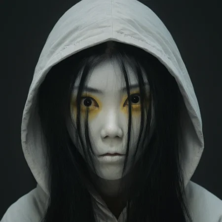 cinematic film still of <lora:Kayako Saeki Sadako Yamamura:1>
Kayako Saeki a woman with a pale face and black hair staring at camera,solo,long hair,looking at viewer,simple background,1boy,closed mouth,yellow eyes,grey hair,male focus,hood,black background,portrait,hood up , pale skin, supernatural, horror film, Japanese, extreme rage, sorrow, cinematic, film, movie, movie still, Ju-On The Grudge movie style, shallow depth of field, vignette, highly detailed, high budget, bokeh, cinemascope, moody, epic, gorgeous, film grain, grainy