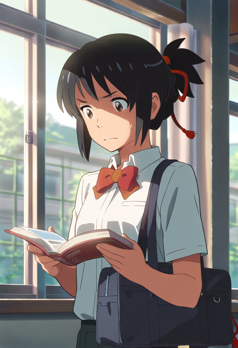 masterpiece,best quality,amazing quality, miyamizu mitsuha, black hair, brown eyes, 1girl, school uniform, solo, ribbon, hair ribbon, book, bow, sweatdrop, window, indoors, bag, shirt