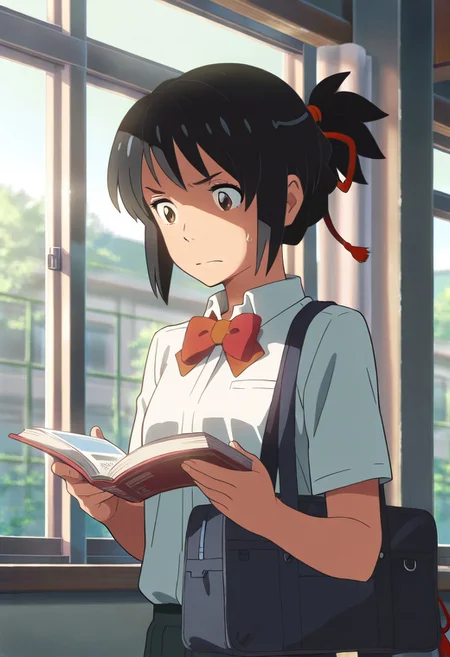 masterpiece,best quality,amazing quality, miyamizu mitsuha, black hair, brown eyes, 1girl, school uniform, solo, ribbon, hair ribbon, book, bow, sweatdrop, window, indoors, bag, shirt