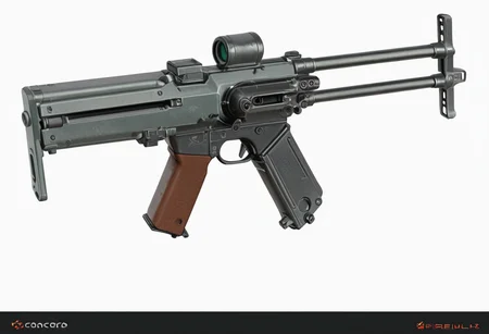 Art_Cad, a red and black machine gun with a metal handle, simple background, white background, weapon, gun, no humans, , submachine gun, magazine (weapon), 3d, render