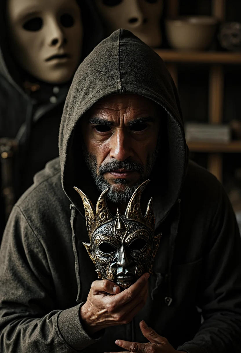 A venetian mask maker is possessed by the archetype of a demonic mask he is creating, fully black eyes stare hauntingly at the viewer, the scene depicts the mask maker in his workshop, holding the mask, as he stares at the viewer, kodachrome, UHD, 35mm, chiaroscuro