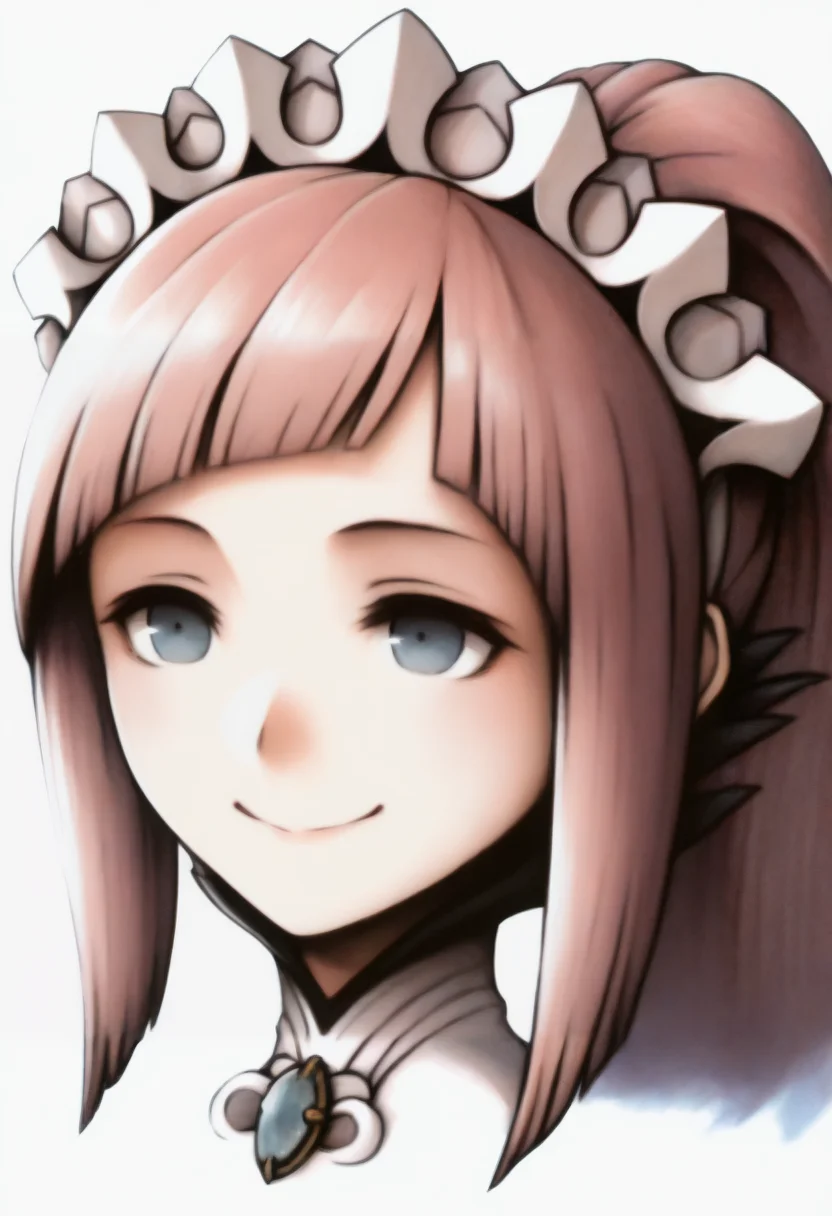 masterpiece, best quality, solo, 1girl, smile, looking at viewer, <lora:FF7-Portraits-illus_Fp:1>, simple background, portrait, white background, <lora:felicia-fe-richy-v1_ixl:1>, f1cdf, blue eyes, pink hair, long hair, ponytail, sidelocks, blunt bangs, maid headdress, black feathered collar, blue brooch, maid,