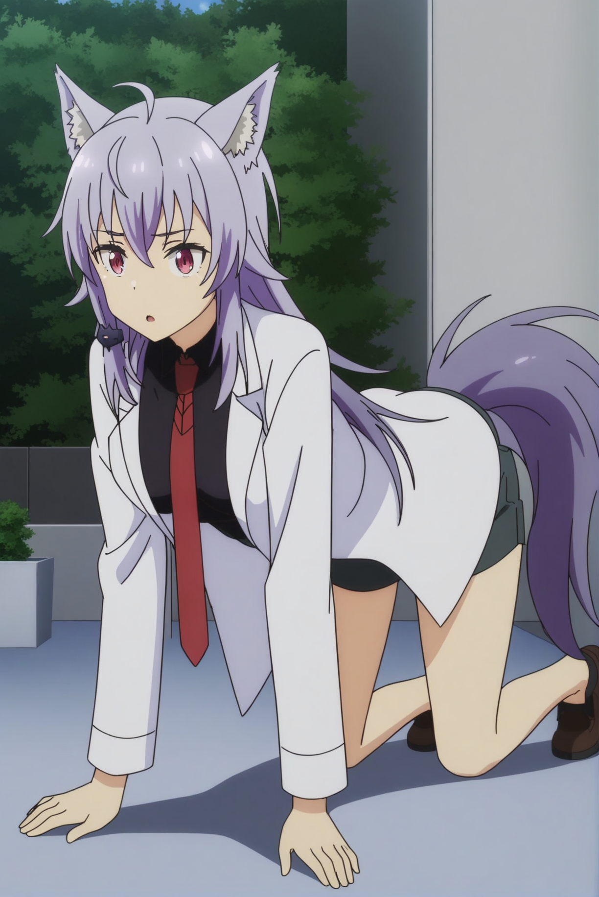 labcoat black shirt red necktie shorts, agastya-wolfbete, purple hair, wolf tail, wolf ears, medium breasts, (1girl, solo:1.3), skinny, masterpiece, absurdres, high quality, highres, best quality, (full body:1.20), (all fours), recent, outdoors, torogao <lora:agastya-wolfbete-V01:0.8>