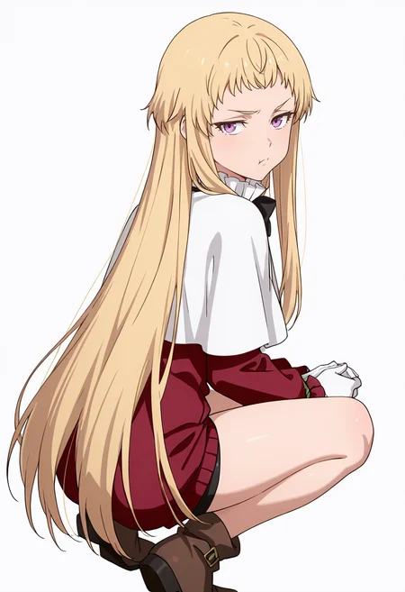 Smooth Quality,masterpiece,very intricate, high quality details, ultra realistic, high detailed skin,detailed enviorement,absurdres,
simple background, white background,solo,
crouching, hands together, foot forward, intense, ready,  ,from behind,pout,frown, 
zip-up vest,  ,oversized sweater, ,board shorts,  , 
<lora:Mariabell_Rosso_cnn:0.8> maricnn,1girl, long hair, blonde hair, purple eyes, frown, very long hair,red dress, long sleeves,white capelet,black bowtie,white gloves,