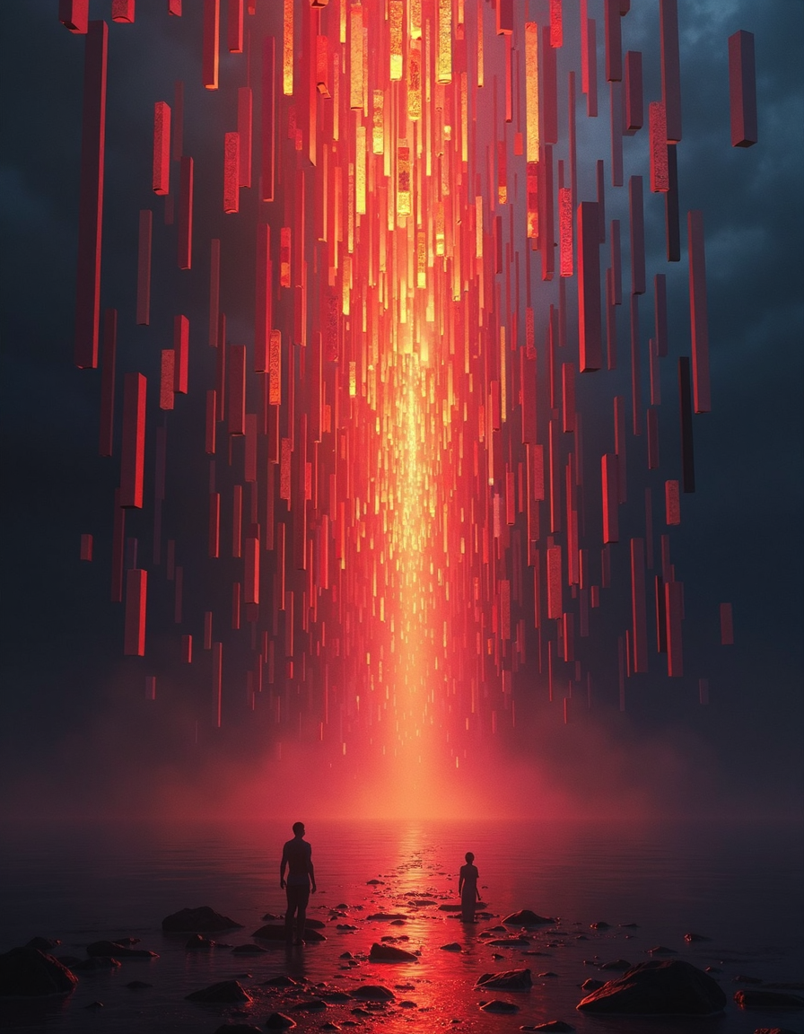 Awful art by Elisabeth Sonrel and Yanjun Cheng, Cascading Reef of luminous rectangles, varying from pixel-thin slivers to massive monoliths, each rectangle emitting Unreal of different intensity and color, arranged in a vertical flow pattern with smaller rectangles clustered at the top, gradually increasing in size towards the bottom, located artistic Full length frame, Cozy, beautiful detailed supreme quality color intricate, original, stunning detail, 1940'S, Symbolist, Celestial female figures, mythological, polished art, Homer and Lisa Exchange Cross Words Grindhouse, Explosive brushwork, Burgundy colors