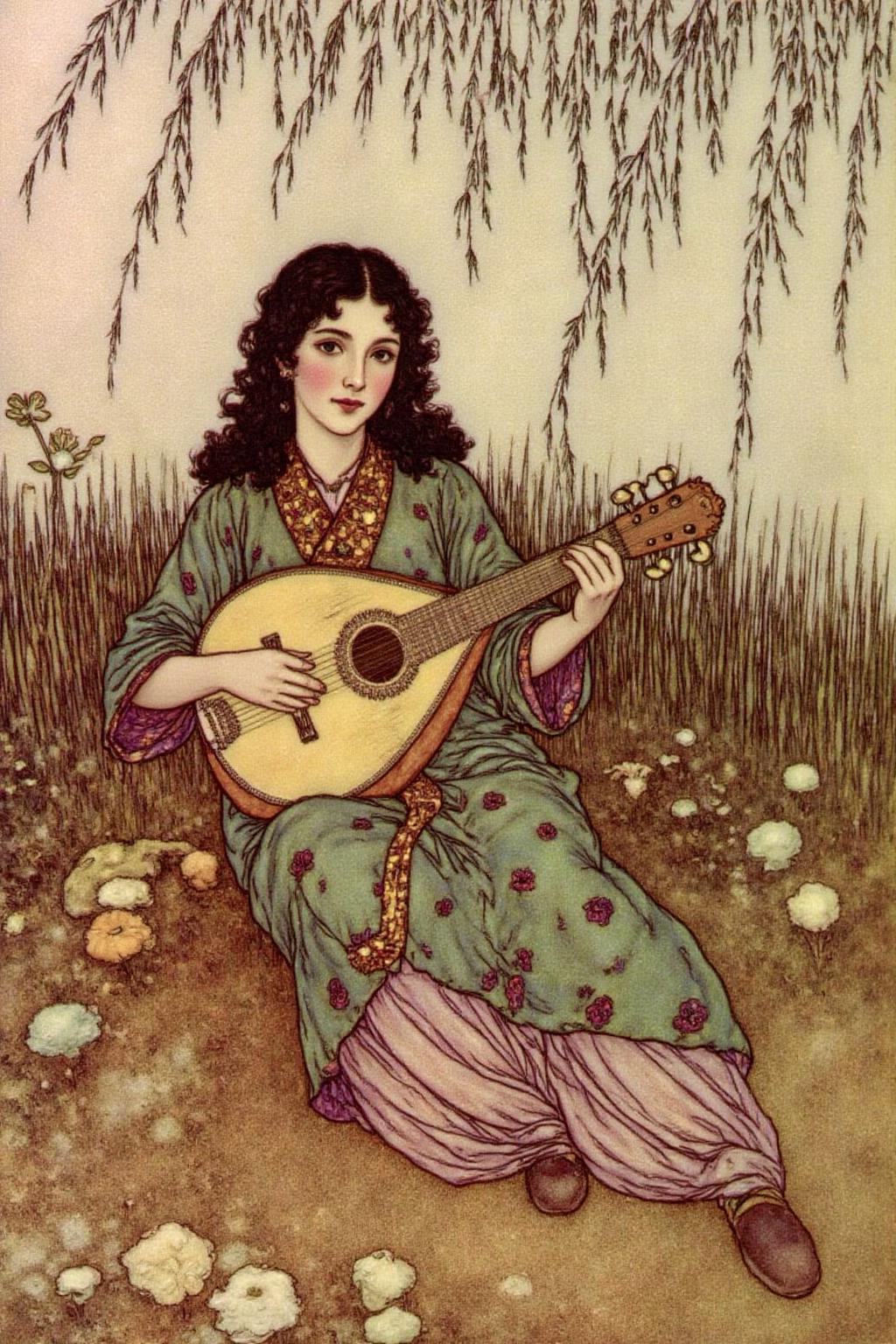 dulac1 illustration. A young girl with long, curly dark hair and a serene expression. She is seated on the ground, surrounded by a lush, grassy area with various small flowers and plants. The girl is dressed in a flowing, green garment adorned with intricate, stylized patterns, and loose, wide-legged pants in a lighter shade of pink. She is playing a small, ornate lute, her fingers deftly plucking the strings as she gazes thoughtfully into the distance. <lora:dulac2_cap_d6a3e15:1.0><lora:816491867576326193:0>