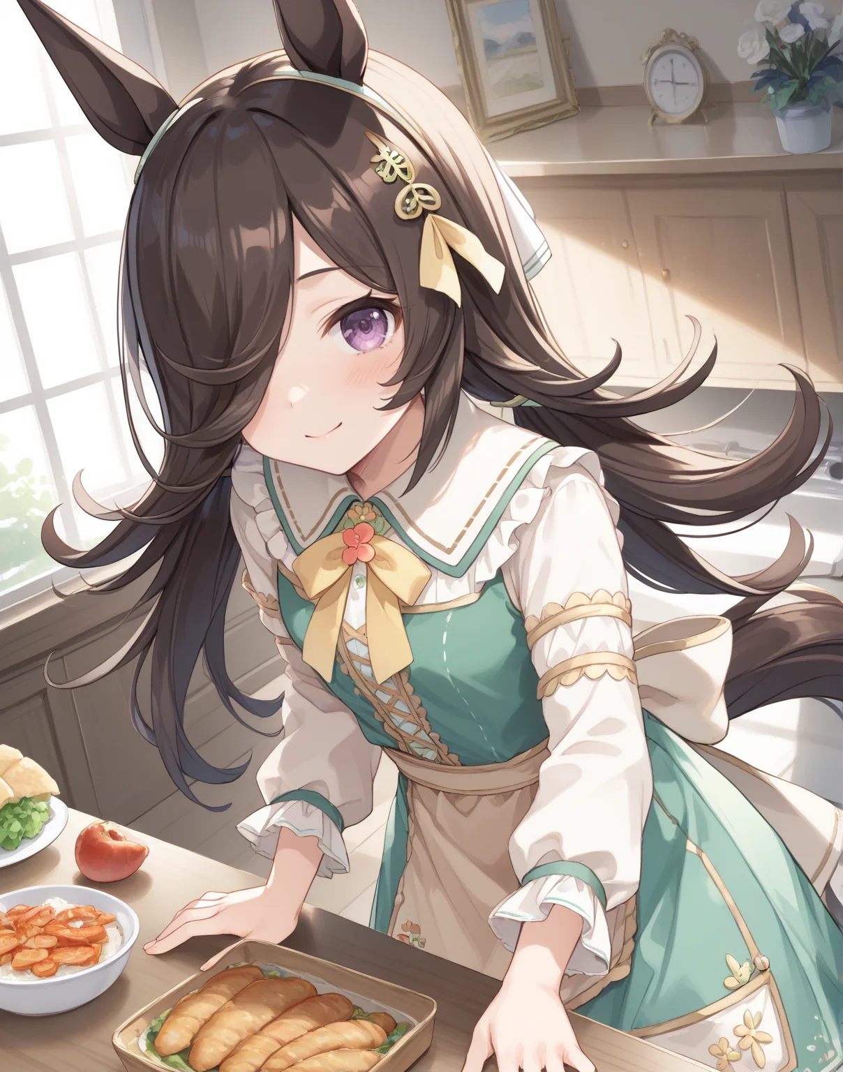 score_9, score_8_up, score_7_up, official art, masterpiece, high quality, megami magazine, official style, game cg, 1girl, (looking at viewer:1.4), (closed mouth:1.0), , smile, blush, Posing as if listening to a seashell, ,, ,
rcs ydf, rice shower (umamusume), rice shower (yummy dreamy fairy) (umamusume), alternate costume, alternate hairstyle, animal ears, apron, blush, brown hair, dress, green dress, hair ornament, hair over one eye, horse ears, horse girl, horse tail, long hair, long sleeves, low twintails, official alternate costume, official alternate hairstyle, print dress, tail, twintails, violet eyes, <lora:umamusume_rice_shower2_pony_v1:1>,
hair over one eye,