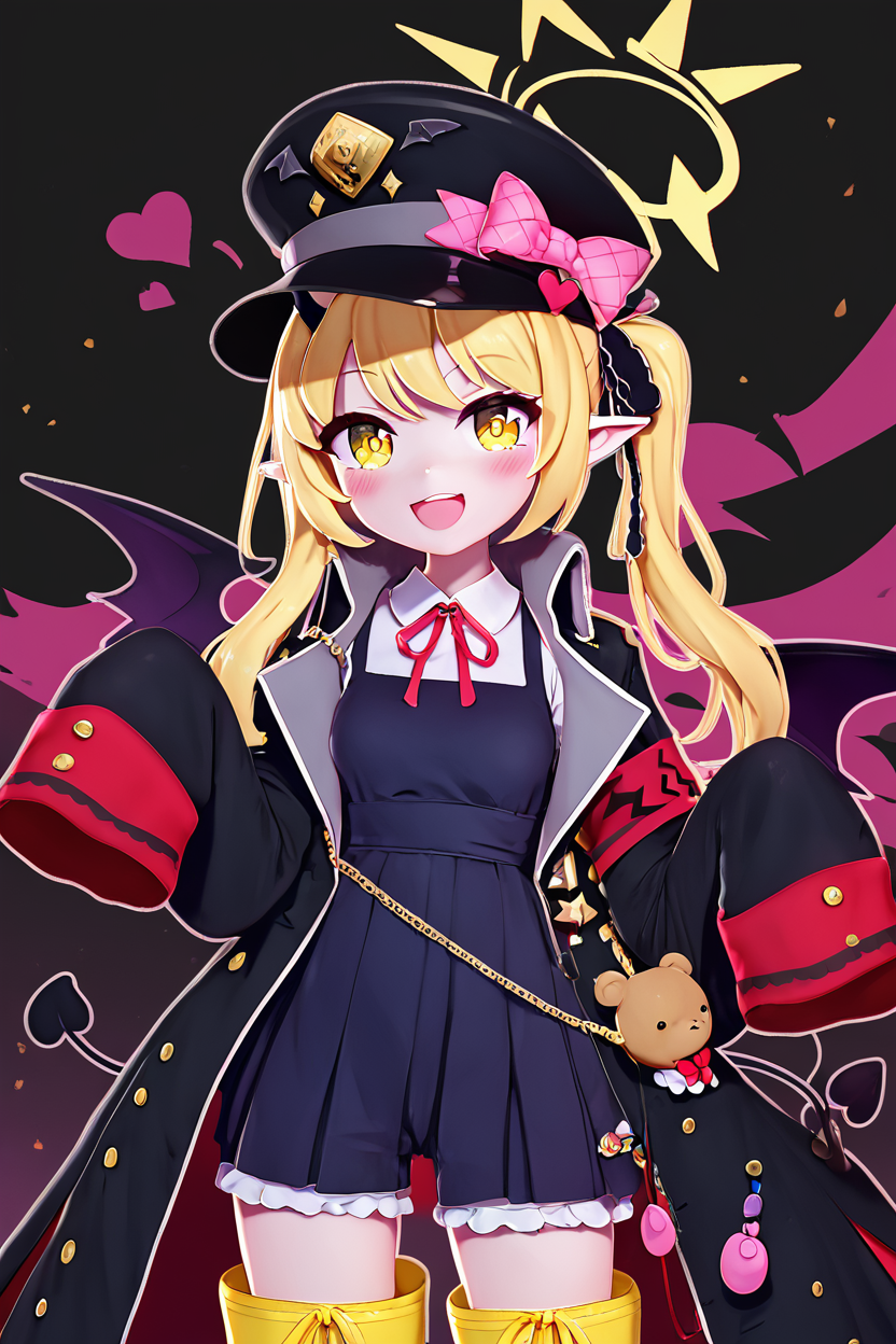 score_9, score_8_up, score_8, medium breasts, (curvy), cute, eyelashes,       BREAK, , ,,, zzIbuki, yellow eyes, yellow halo, blonde hair, long hair, tail, side ponytail, horns, demon horns, black horns, hair ribbon, pointy ears, wings, demon wings, black wings, tail, demon tail, horns, black tail, demon horns, black horns, demon girl, low wings, hair ribbon, neck ribbon, black headwear, red ribbon, peaked cap, black coat, collared shirt, long sleeves, open coat, pinafore dress, sleeves past fingers, black dress, hat bow, white shirt, yellow footwear, boots, white shorts, oversized clothes, red armband, military hat, pink bow, <lora:Ibuki_BlueArchive_PDXL:0.8>,    ,,,, BREAK, smile, looking at viewer, cowboy shot, ,,, embedding:zPDXL, Expressiveh, ,,, <lora:Zy0n7_PDXL:0.8>, <lora:SDXLFaeTastic2400:0.5>, <lora:Expressive_H-000001:0.4>,