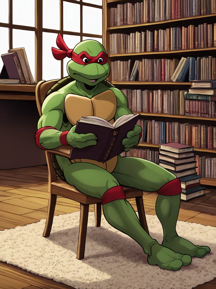 (tmnt),(Raphael:1.2),library,reading book,bookshelf,chair,carpet,window,bright light, <lora:sdxlpony tmntsma v1:0.7>