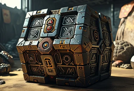 Cinematic, 21:9 shot.
Three/Fourth view of an heavily armored, black, post-apocalyptic ancestral CUBE.
Many details everywhere. Ray-Tracing. Anti-Aliasing. Realistic reflections. Realistic soft shadows.
Slightly desaturated colors. 
Insane quality. Insane resolution. Insane details. Masterpiece.
Life-Like Photorealism. 
16k resolution
By Simon Stalenhag.