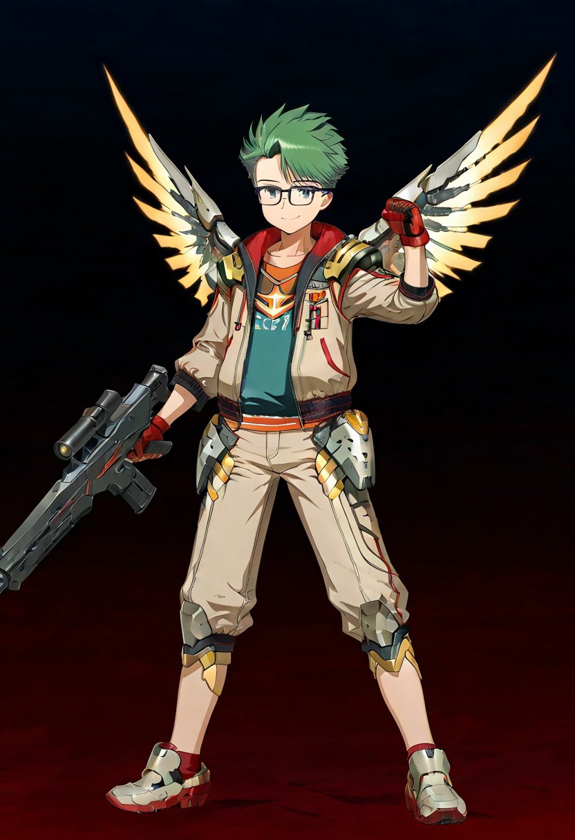 gb4_tao, green hair, short hair, grey eyes, 1boy, solo, male focus, young, teen, glasses, lean body, wear mecha armor with eagle mecha wings, white mecha armor theme, fly toward the viewer, fight pose, high quality,  armaments equipped in the armor,  score_9, futuristic city in the background, BREAK, his right hand is holding beam rifle, high quality, best quality, masterpiece, detailed draw,detailed eyes, detailed face