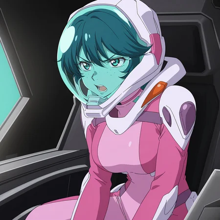 best quality, amazing quality, anime screencap, 1girl, solo, sitting, cockpit, cowboy shot, leaning forward, annoyed, open mouth, <lora:NenaTrinity:0.9>, NenaTrinity, freckles, large breasts, pink pilot suit, (helmet, aqua lens:1.5), aqua mouth