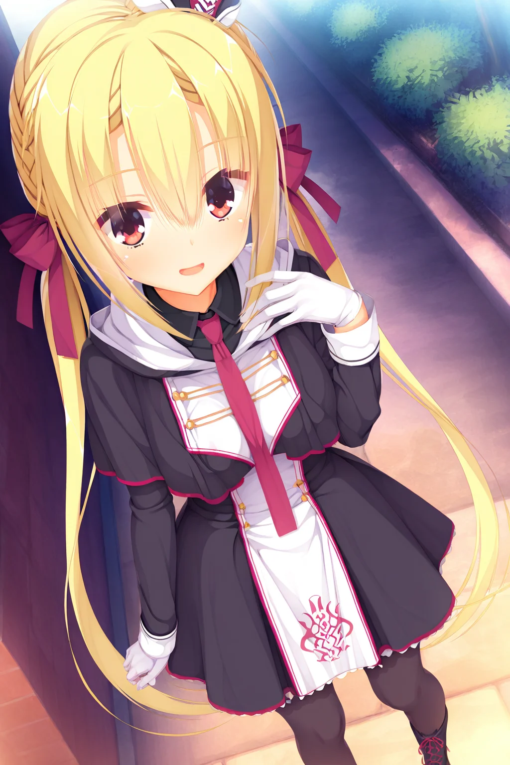 masterpiece,best quality,good quality,rating safe,, <lora:Arihara_Nanamiv1-ill_narcissu:1>, 1girl,solo,arihara nanami, riddle joker,blonde hair, long hair, twintails, hair between eyes, braid, hair bow, very long hair, red eyes, low twintails, straight hair, hair ribbon, red ribbon, black dress, uniform, short dress, red bow, white gloves, red necktie, black pantyhose, black footwear, cross-laced footwear,standing,smile,looking at viewer,blush,upper body,outdoor