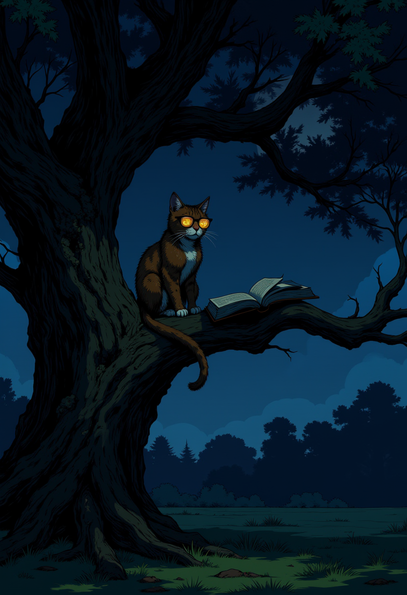 View of the oak tree from afar. A cat with glasses sits on an tree branch with a smart look. There is an open book on the branch next to the cat. Night. Dark fantasy.
<lora:Dark_Gothic_Comic_style_v.2:0.9> DGC style.