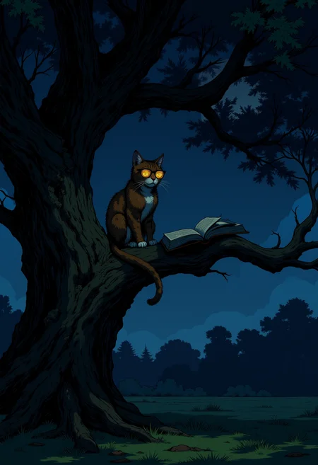 View of the oak tree from afar. A cat with glasses sits on an tree branch with a smart look. There is an open book on the branch next to the cat. Night. Dark fantasy.
<lora:Dark_Gothic_Comic_style_v.2:0.9> DGC style.