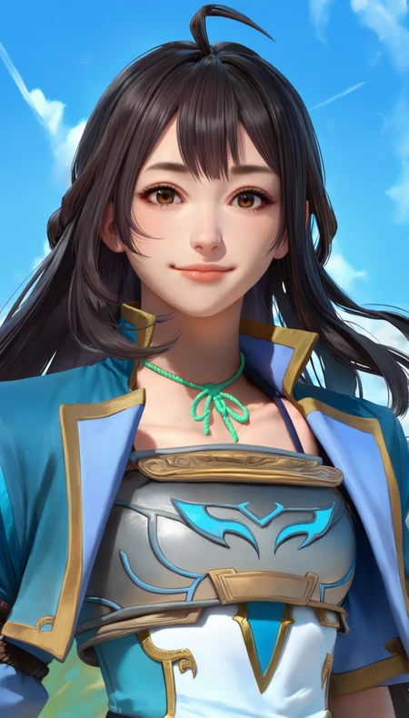 score_9,score_8_up,score_7_up,<lora:xinxianying>,1girl,solo,long black hair,bangs,ahoge,brown eyes,looking at viewer,smile,default costume,rope choker,upper body,
blue sky,simple background,