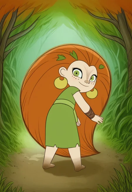 (zPDXL3), full body, solo, 1girl, best quality, 1girl, solo, mebh_human, green eyes, long hair, orange hair, earrings, barefoot, earrings, jewelry, leaf, freckles, muddy feet, looking at viewer, from behind, smile, dynamic pose, outdoors, forest, dynamic angle