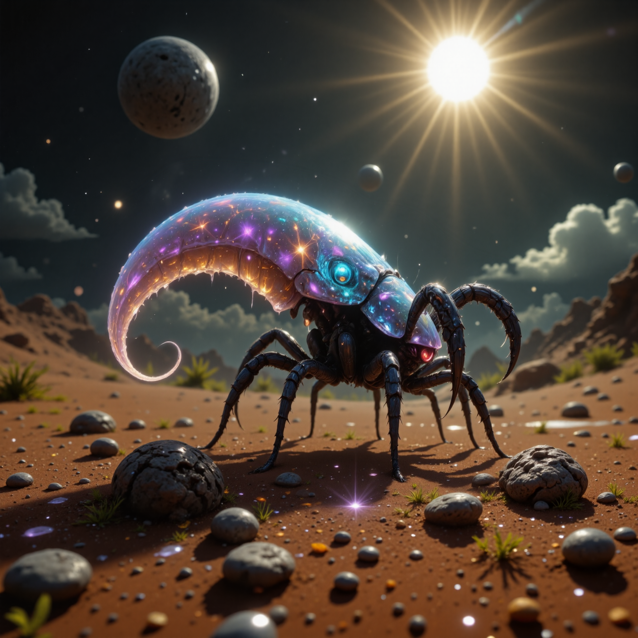 highly detailed, intricate, detailed background, award-winning macro photo, short depth of field, fractal art, in the grotesque and dimarified steppes of planet "zorfmoor ii", the magical diminutive "xenophilic rumpfquiggler" with its sputzified shimmering exoskeleton and long coiled tendrils harvests moisture from the tragulified air with delicate translucent membranes, symmetrical legs, sparse vegetation, dry biome, at night, dappled moonlight, golden ratio, in the style of ck-ovf, aidmafluxpro1.1, 
<lora:style-oneviolentfantasy-ep21-flux-by_chronoknight:0.76> 
<lora:style-cheats-by_schmede:0.68> 
<lora:flux_pro1.1_detailer-v0.2-flux-by_aidma:0.56>