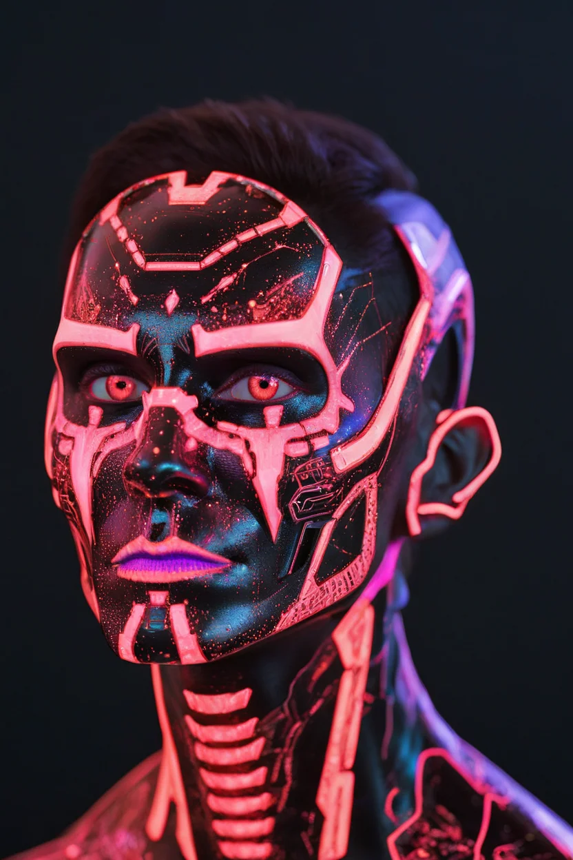 hyperrealistic illustration, commercial portrait, tack sharp, cyborg, robotic, alien god with blacklight makeup