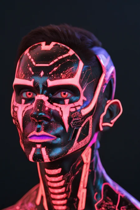 hyperrealistic illustration, commercial portrait, tack sharp, cyborg, robotic, alien god with blacklight makeup