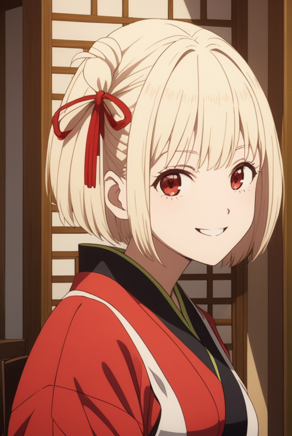 masterpiece, best quality, highres, 4k, 8k, intricate detail, cinematic lighting, amazing quality, amazing shading, soft lighting, Detailed Illustration, anime style,
chisatonishikigi, <lora:chisato-nishikigi-s1-sdxl-lora-nochekaiser:0.75>,
chisato nishikigi, short hair, bangs, blonde hair, red eyes, hair ribbon, one side up, bob cut, smile,
japanese clothes, kimono, apron, red ribbon, waitress, red kimono,
indoors, restaurant, tea, chair, table, tea house,
looking at viewer, full body,
