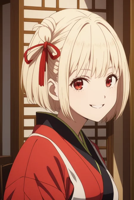 masterpiece, best quality, highres, 4k, 8k, intricate detail, cinematic lighting, amazing quality, amazing shading, soft lighting, Detailed Illustration, anime style,
chisatonishikigi, <lora:chisato-nishikigi-s1-sdxl-lora-nochekaiser:0.75>,
chisato nishikigi, short hair, bangs, blonde hair, red eyes, hair ribbon, one side up, bob cut, smile,
japanese clothes, kimono, apron, red ribbon, waitress, red kimono,
indoors, restaurant, tea, chair, table, tea house,
looking at viewer, full body,