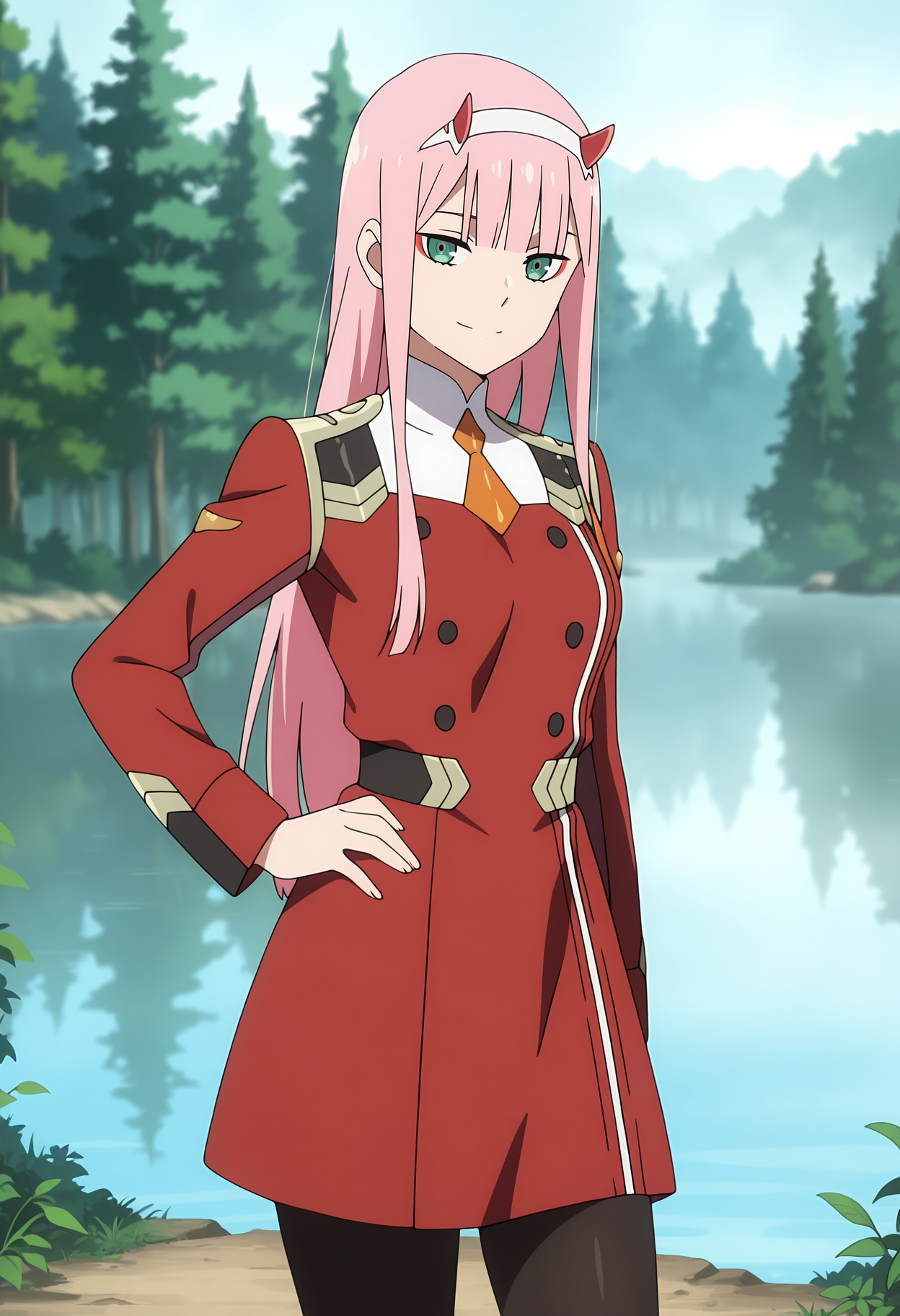 anime screencap, masterpiece, best quality,
<lora:DarlingInTheFranxx_ZeroTwo_IlluXL:0.9>,
1girl, solo, closed mouth, light smile,
blunt bangs, long hair, pink hair, green eyes, red eyeshadow, red horns, white hairband,
short dress, red dress, short necktie, orange necktie, long sleeves, black pantyhose,
hand on own hip, standing, looking at viewer, cowboy shot,
forest, foliage, lake, steam, fog, day, blurry background