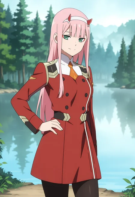 anime screencap, masterpiece, best quality,
<lora:DarlingInTheFranxx_ZeroTwo_IlluXL:0.9>,
1girl, solo, closed mouth, light smile,
blunt bangs, long hair, pink hair, green eyes, red eyeshadow, red horns, white hairband,
short dress, red dress, short necktie, orange necktie, long sleeves, black pantyhose,
hand on own hip, standing, looking at viewer, cowboy shot,
forest, foliage, lake, steam, fog, day, blurry background