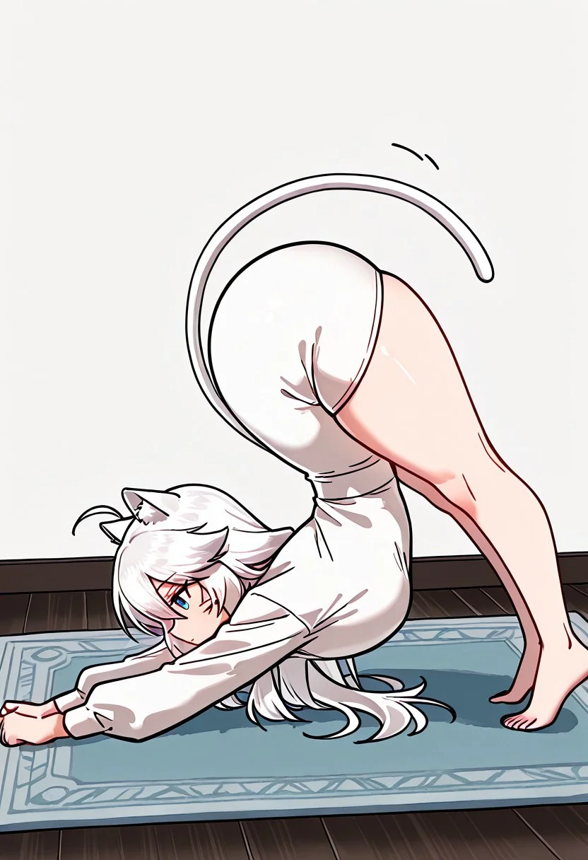 im sol \(seka\),white hair,blue eyes,ahoge,hair between eyes,long hair, long sleeves, white shirt, white shorts, on floor, rug, stretching, ((y0ruichi_p0se)), 1girl, solo, ((stretching)), (side view), (arched back), cat ears, whiskers, cat tail