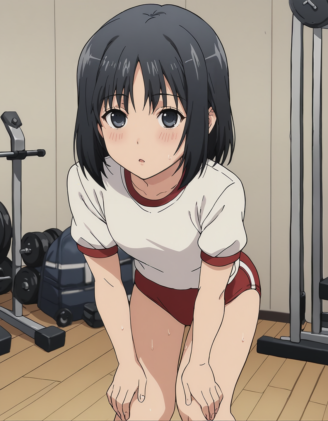 score_9, score_8_up, score_7_up, score_6_up, score_5_up, score_4_up, <lora:Yoshino_T2V0:0.85>, <lora:sdxl_lightning_8step_lora:1>,
1girl, solo, source_anime, anime screencap,
Yoshino_T2V0, black hair, medium hair, bangs, sidelocks, black eyes, grey eyes,
gym uniform, gym shirt, white shirt, short sleeves, red buruma,
standing, bent over, hands on own knees,
looking at viewer, parted lips, blush, steaming body, sweat, sweatdrop,
indoors, gym,