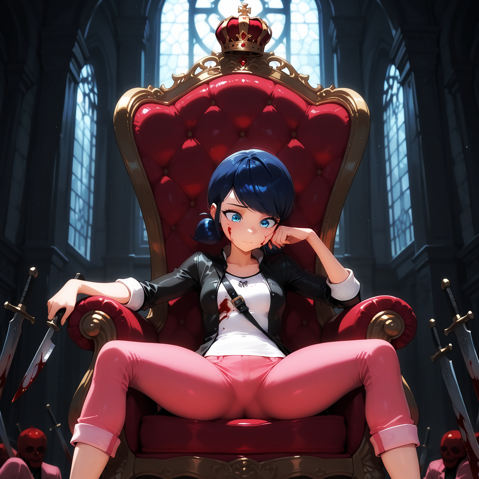 masterpiece, best quality, amazing quality, very aesthetic, detailed eyes, perfect eyes, amazing quality, 22 years old, solo, imtdmarinetteillus, sitting on a throne made of swords, red crown, holding a knife, looking at the knife, head resting on one hand, one leg on the armrest of the throne, legs apart, inside a castle, face stained with blood, the floor covered in blood, blood everywhere, bodies on the floor, corpses on the floor, 1girl, wide hips, blue eyes, blue hair, twintails, short twintails, shirt, pants, jacket, hair bun, low twintails, short hair, pink pants, swept bangs, capri pants, double bun, sleeves rolled up, detailed background, depth in the field
