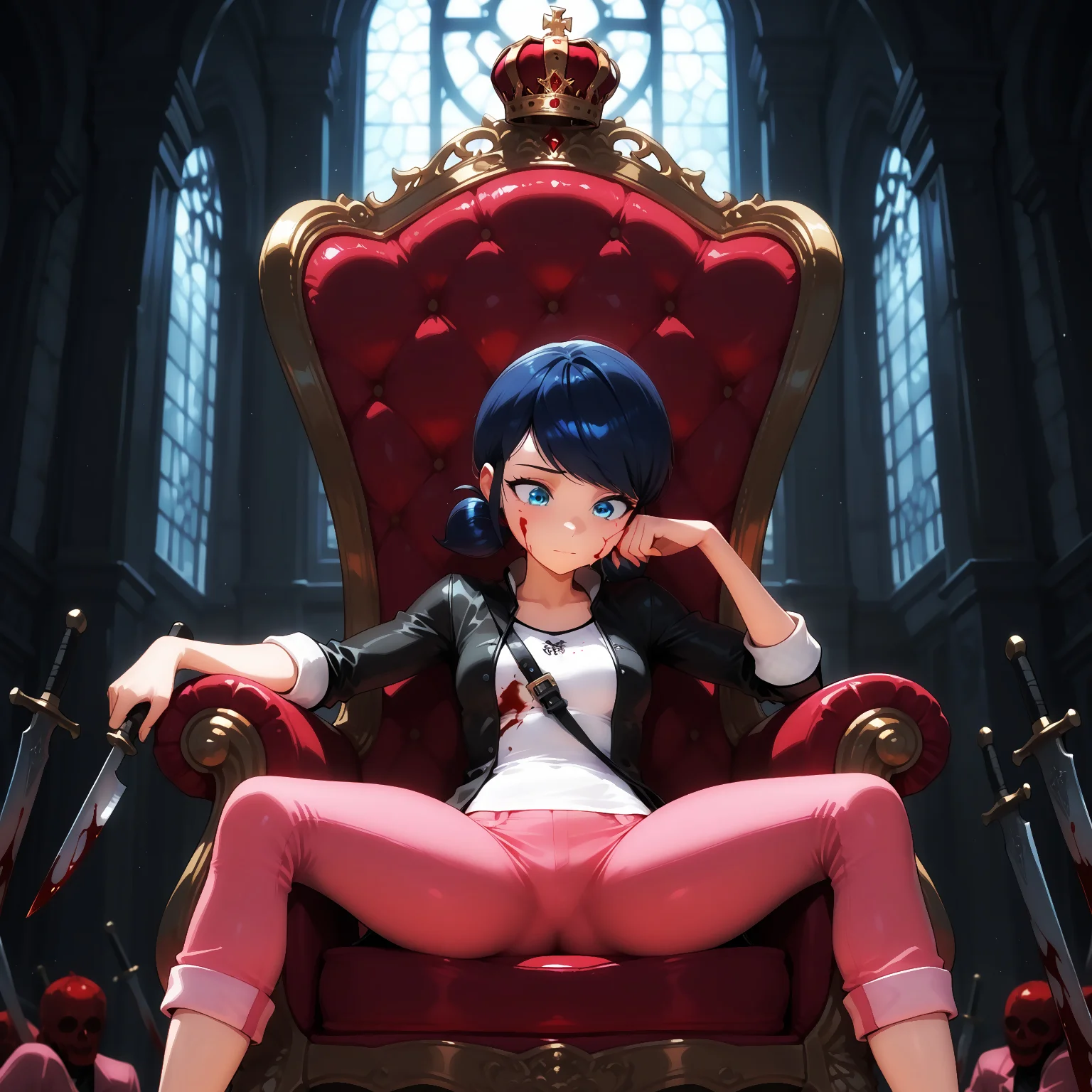 masterpiece, best quality, amazing quality, very aesthetic, detailed eyes, perfect eyes, amazing quality, 22 years old, solo, imtdmarinetteillus, sitting on a throne made of swords, red crown, holding a knife, looking at the knife, head resting on one hand, one leg on the armrest of the throne, legs apart, inside a castle, face stained with blood, the floor covered in blood, blood everywhere, bodies on the floor, corpses on the floor, 1girl, wide hips, blue eyes, blue hair, twintails, short twintails, shirt, pants, jacket, hair bun, low twintails, short hair, pink pants, swept bangs, capri pants, double bun, sleeves rolled up, detailed background, depth in the field