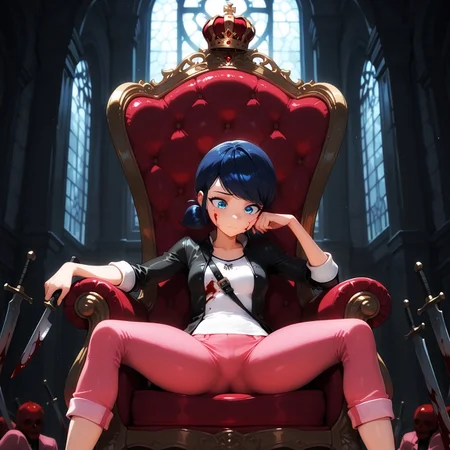 masterpiece, best quality, amazing quality, very aesthetic, detailed eyes, perfect eyes, amazing quality, 22 years old, solo, imtdmarinetteillus, sitting on a throne made of swords, red crown, holding a knife, looking at the knife, head resting on one hand, one leg on the armrest of the throne, legs apart, inside a castle, face stained with blood, the floor covered in blood, blood everywhere, bodies on the floor, corpses on the floor, 1girl, wide hips, blue eyes, blue hair, twintails, short twintails, shirt, pants, jacket, hair bun, low twintails, short hair, pink pants, swept bangs, capri pants, double bun, sleeves rolled up, detailed background, depth in the field
