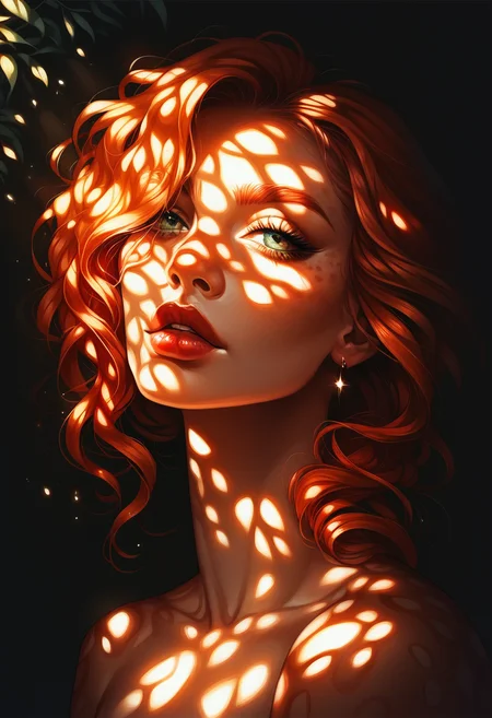 score_9, score_8_up, score_7_up, score_6_up, 1girl, ginger hair, 23 years old, beautiful, dappled sunlight, lipstick, dark background, portrait, s1_dram