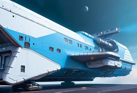 sci-fi, Futuristic, aJed-Rst, Rusty spaceport, (((beautiful, hyper realistic, high quality, highly detailed))), sleek blue neotech spacecraft (freighter), tarmac,