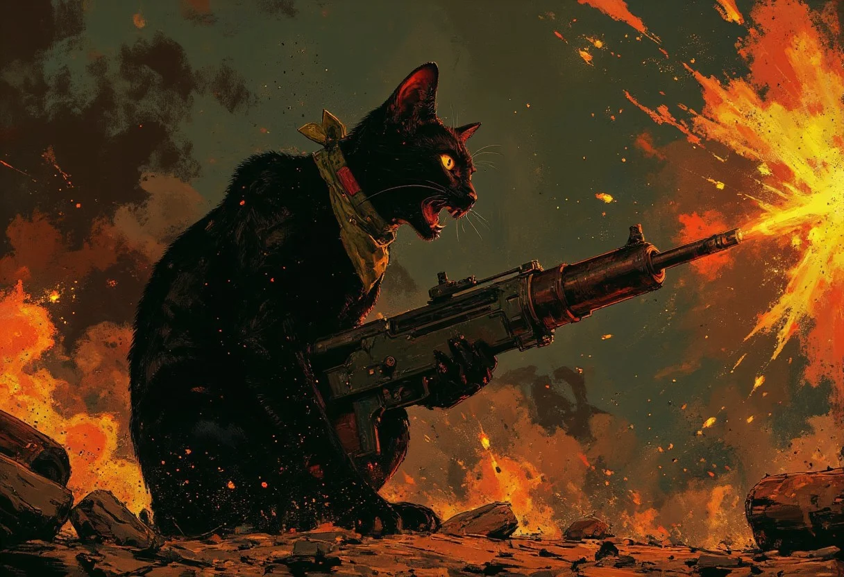 A dynamic medium shot focuses on a sleek black cat, perched on weathered sandbags, body coiled and tense, ready for action. It grips an oversized Gatling gun, ebony claws extended, digging into the metal. Piercing amber eyes reflect fiery explosions. Its mouth is open in a determined snarl, revealing sharp teeth. A tattered military bandana is around its neck. The background is blurred with motion lines, with orange and red streaks. The lighting is dramatic, mimicking comic book contrasts. The atmosphere is energetic and action-packed. The color palette is deep blacks/grays with vivid oranges/reds. The artistic style is inspired by comic book illustration, with bold outlines, speed lines, and a graphic feel, akin to Frank Miller or Mike Mignola.
. m0d3rn1mpr
